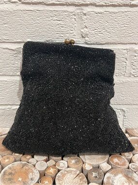 Vintage Black Beaded Evening Bag Rhinestone Kiss Lock Clutch Purse